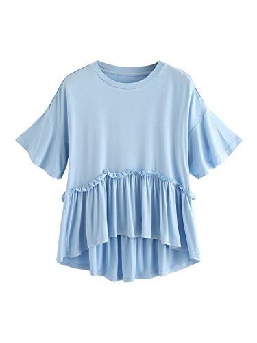 Romwe Women s Loose Ruffle Hem Short Sleeve High Low Peplum Blouse Top Light Blue XX Large