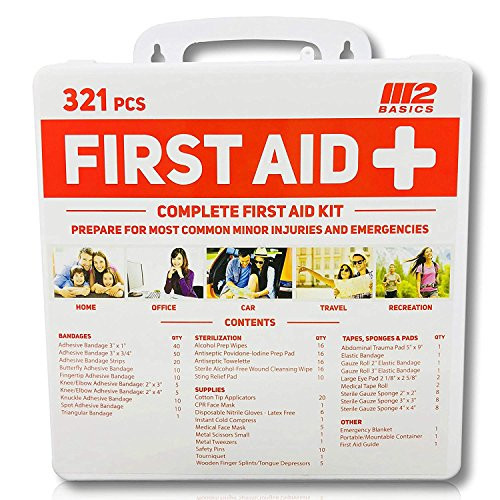 M2 BASICS 321 Piece Premium First Aid Kit w/Hard Case | Free First Aid Guide | Emergency Medical Supply | Home, Office, Outdoors, Car, Camping, Travel, Survival, Workplace