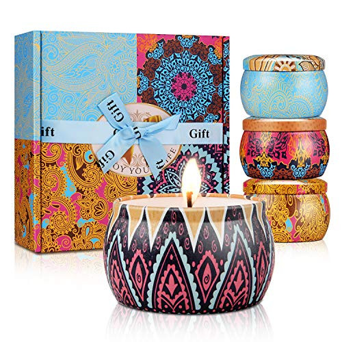 Scented Candles Gifts Set for Women  Natural Soy Wax Aromatherapy Candle Smokeless Set with Reusable Travel Tin  Women Gift for Stress Relief and Relaxation  4 4 OZ   4 Pack Scented Candles Gifts Set for Women  Natural Soy Wax Aromatherapy Candle Smokeless Set with Reusable Travel Tin  Women Gift for Stress Relief and Relaxation  4 4 OZ   4 Pack