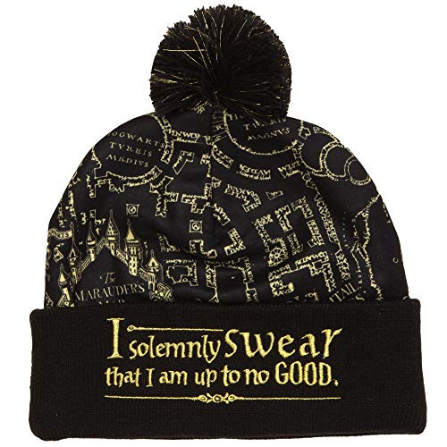 Bioworld Harry Potter I Solemnly Swear Marauder s Map Cuffed Beanie with Pom Black Bioworld Harry Potter I Solemnly Swear Marauder s Map Cuffed Beanie with Pom Black