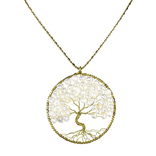 AeraVida Cultured Freshwater White Pearl Eternal Tree of Life Brass Beads Long Necklace AeraVida Cultured Freshwater White Pearl Eternal Tree of Life Brass Beads Long Necklace