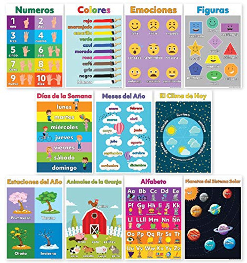 11 Spanish Classroom Decorations - Preschool Posters - Spanish Classroom Posters Include ABC/Alphabet Poster (Alfabeto/Abecedario), Solar System, Shapes Colors Letters & Numbers (Non Laminated)13X18