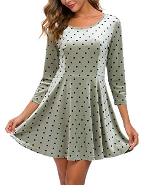 DGMYG Women s 3 4 Sleeve Round Velvet Skater Casual Swing Flared Short Mini Dress S Green Dots DGMYG Women s 3 4 Sleeve Round Velvet Skater Casual Swing Flared Short Mini Dress S Green Dots