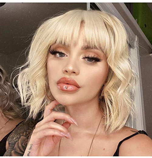 ENTRANCED STYLES Short Wavy Bob Wigs with Bangs for Women Synthetic Curly Bob Wig Shoulder Length Heat Resistant Fiber Hair Natural Looking