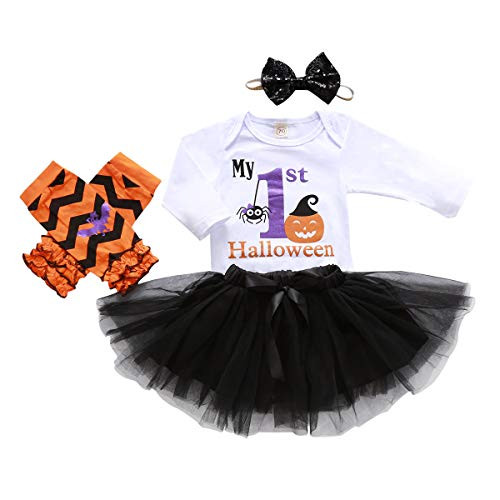 4PCS My First Halloween Outfit Newborn Baby Girl Pumpkin Romper Top Tulle Tutu Skirt Bow Headband Leg Warmers Clothes Set  White  0 6 Months