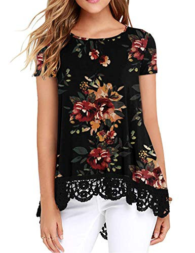 DOSWODE Womens Tops Short Sleeve Lace Trim O Neck A Line Tunic Blouse Printed Shirts Black L
