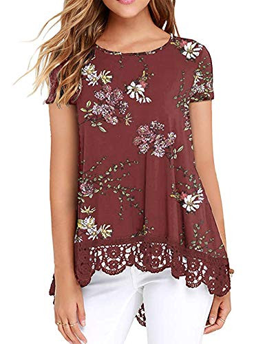 DOSWODE womens tops Short Sleeve Lace Trim O Neck A Line Tunic Blouse Printed Shirts Wine Red XL