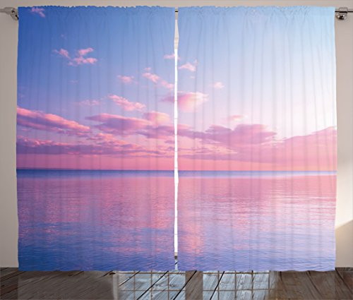 Ambesonne Sky Curtains, Ocean Theme Beautiful Clouds over the Calm Sea at Twilight Digital Print, Living Room Bedroom Window Drapes 2 Panel Set, 108W X 63L Inches, Light Blue Light Pink