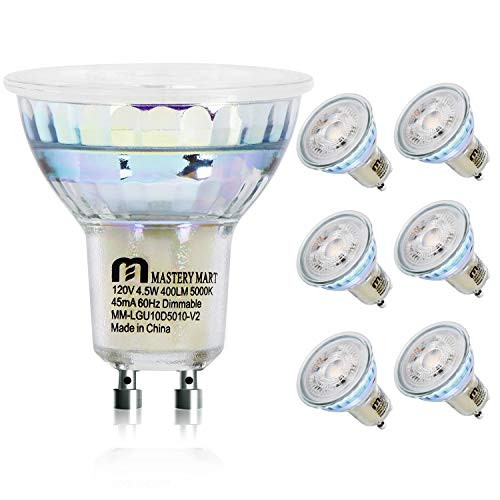 LED GU10 Spotlight Light Bulbs  50 Watt Equivalent  4 5W Dimmable  MR16 Full Glass Cover  5000K Daylight White  25000 Hours  UL Listed  Energy Star Certified  by Mastery Mart  Pack of 6