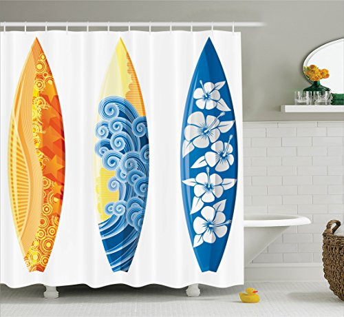Ambesonne Surf Decor Shower Curtain Set, Ornate Colorful Surfboards Vocation Fun Water Sports Moving Waves Lifestyle Art, Bathroom Accessories, 84 Inches Extralong, Blue Orange Yellow