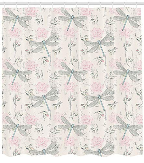 Ambesonne Dragonfly Shower Curtain, Shabby Chic Roses Worn Old Vintage Backdrop with Moth Bugs Print, Fabric Bathroom Decor Set with Hooks, 84 inches Extra Long, Pale Pink Pale Grey Coconut