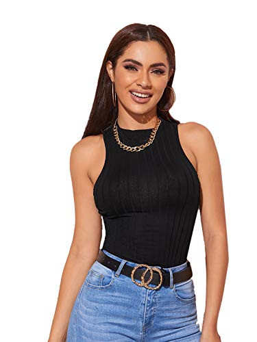 SheIn Women s Mock Neck Sleeveless Camisole Plain Rib Knit Tank Tops Black Large