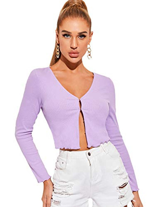 SOLY HUX Women s V Neck Lettuce Trim Long Sleeve Ribbed Knit Open Front Crop Top Purple M SOLY HUX Women s V Neck Lettuce Trim Long Sleeve Ribbed Knit Open Front Crop Top Purple M