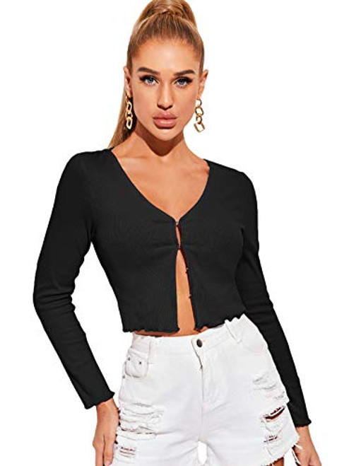 SOLY HUX Women s V Neck Lettuce Trim Long Sleeve Ribbed Knit Open Front Crop Top Black S SOLY HUX Women s V Neck Lettuce Trim Long Sleeve Ribbed Knit Open Front Crop Top Black S