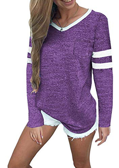 Sweetnight Women s Casual V Neck Sport T Shirt Long Sleeve Baseball Tee Shirt Tops Purple Large