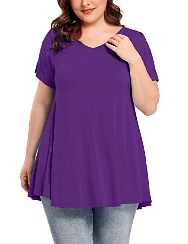 BELAROI Womens Short Sleeve Tunics Tops Plus Size V Neck T Shirt Loose Flowy for Leggings 1X Deep Purple