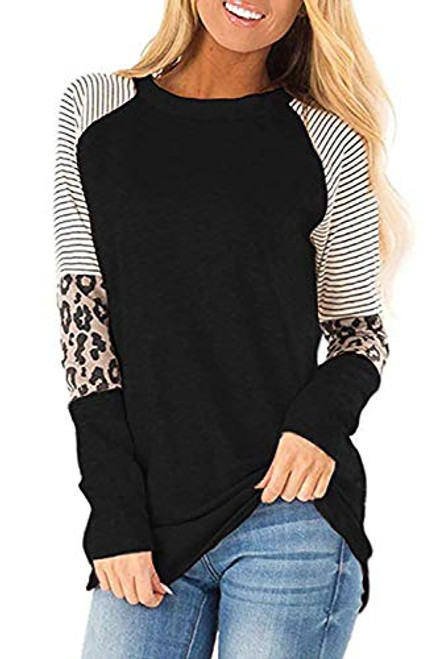 ANFTFH Women Leopard Color Block Long Sleeve Shirts Blouse Casual Loose Tops Black M ANFTFH Women Leopard Color Block Long Sleeve Shirts Blouse Casual Loose Tops Black M