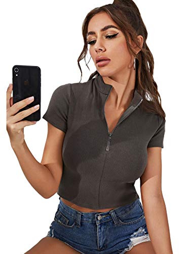 Floerns Women s Casual Zip Up Rib Knit Short Sleeve Crop Top Tee Grey S