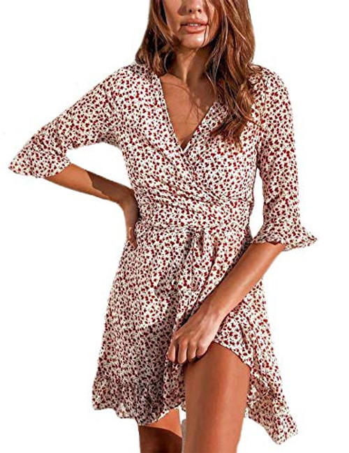 Relipop Women s Dresses Floral Print V Neck Flared Half Sleeve Tie Waist Wrap Front Ruffle Hem Short Mini Dress White