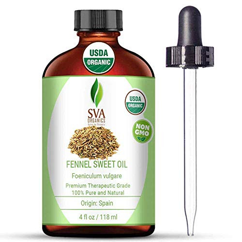 SVA Organics Fennel Sweet Essential Oil Organic Certified  118 ml  4 fl  oz   100 Pure  Natural   Premium Therapeutic Grade For Glowing Skin  Strengthened Hair  Aromatherapy   Massage