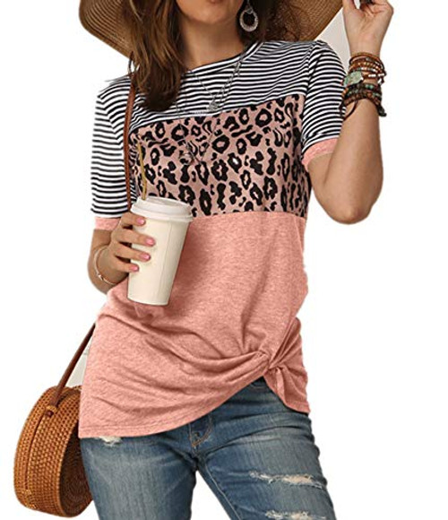 Women s Summer Casual Short Sleeve Shirts Leopard Print Stripe Twist Knot Color Block Tunic T Shirt Tops  Pink  Small