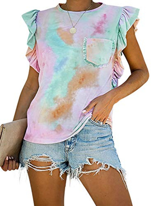 Lovezesent Womens Tie Dye Print Ruffled Tank Tops Summer Sleeveless Brief T Shirts with Pockets Small Lovezesent Womens Tie Dye Print Ruffled Tank Tops Summer Sleeveless Brief T Shirts with Pockets Small