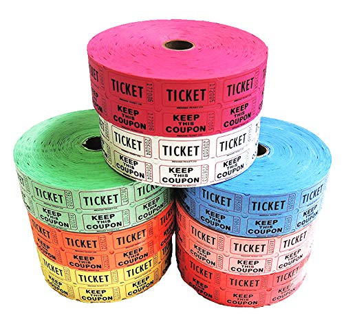 Raffle Tickets - 4 Rolls of 2000 Double Tickets 8,000 Total 50/50 Raffle Tickets Dark Assorted Colors White, Yellow, Green, Pink