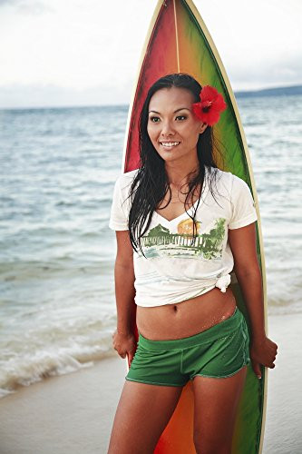 Posterazzi DPI1969060 Hawaii Oahu Beautiful Local Girl Smiling And Holding A Colorful Surfboard At The Beach Poster Print  11 x 17