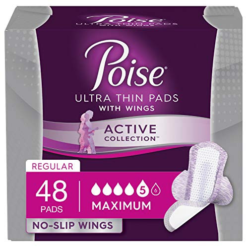 Poise Ultra Thin Incontinence Pads with Wings  Active Collection  Maximum Absorbency  48 Count  4 Packs of 12   Packaging May Vary