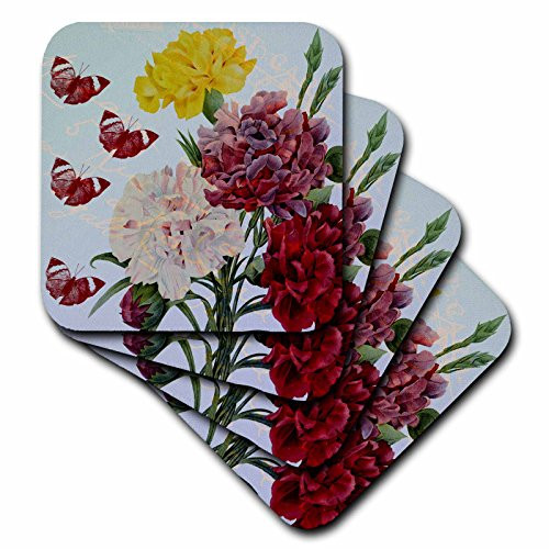 3dRose CST 99236 1 Vintage Colorful Floral Bouquet with Butterflies Flowers Soft Coasters  Set of 4