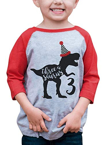 7 ate 9 Apparel Dino Three Birthday Dinosaur Red Baseball Tee 2T