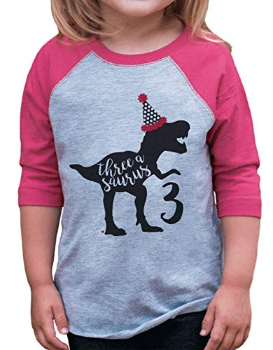 7 ate 9 Apparel Three Third Birthday Dinosaur Pink Baseball Tee 4T