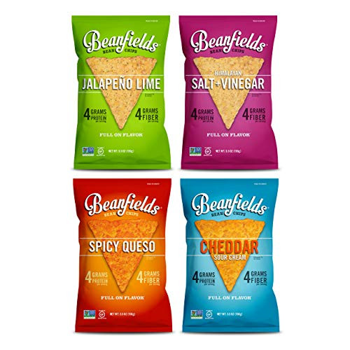 Beanfields Bean Chips  High Protein and Fiber  Gluten Free  Vegan Snack  4 New Flavor Pack  Jalapeño Lime  Spicy Queso  Himalayan Salt   Vinegar  Cheddar Sour Cream  5 5oz   Pack of 4