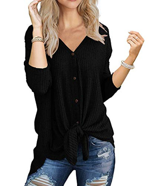 I2CRAZY Womens Tops Plain Waffle Knit Tunic Blouse Loose Fitting Tie Knot Henley Shirts   M  Black