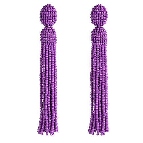 Bonnie Handmade Long Fringe Tassel Dangle Glass Seed Bead Drop Earrings 4   Purple