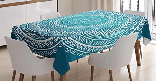 Turquoise Ombre Tablecloth by Ambesonne, Mandala Medallion Starry Design with Flower in Middle Ethnic Ethnic Art, Dining Room Kitchen Rectangular Table Cover, 60 W X 90 L Inches, Dark Turquoise