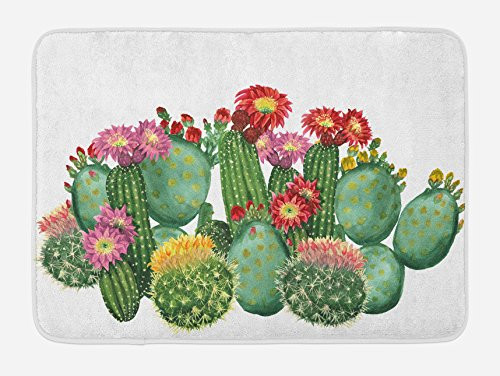 Ambesonne Cactus Bath Mat, Saguaro Barrel Hedge Hog Prickly Pear Opuntia Tropical Botany Garden Plants Print, Plush Bathroom Decor Mat with Non Slip Backing, 29.5 W X 17.5 W Inches, Multicolor