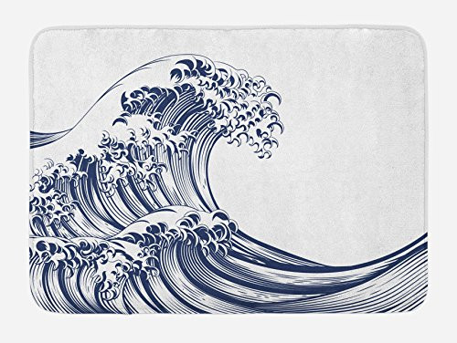 Ambesonne Japanese Wave Bath Mat, Oriental Vintage Great Wave Monochrome Kanagawa Inspired Antique Art, Plush Bathroom Decor Mat with Non Slip Backing, 29.5 W X 17.5 W Inches, Navy Blue White