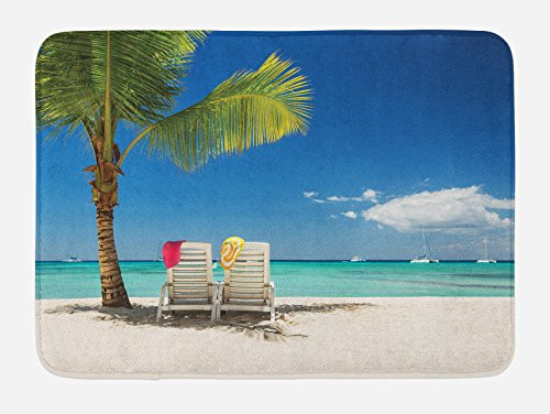 Ambesonne Seaside Bath Mat, Relaxing Scene on Remote Beach with Palm Tree Chairs And Boats Panoramic Picture, Plush Bathroom Decor Mat with Non Slip Backing, 29.5 W X 17.5 W Inches, Blue Green