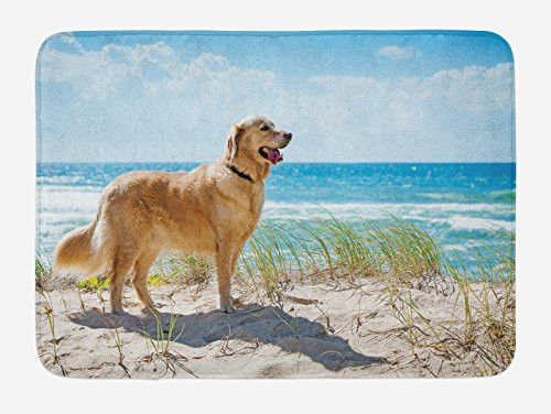 Lunarable Dog Lover Bath Mat, Golden Retriever on a Sandy Dune Overlooking Tropical Beach Ocean Outside Sky, Plush Bathroom Decor Mat with Non Slip Backing, 29.5 W X 17.5 W Inches, Multicolor