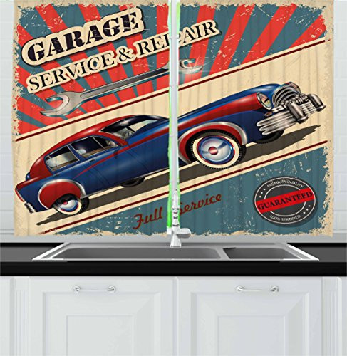 Ambesonne Man Cave Kitchen Curtains  Vintage Garage Service and Repair Mechanic Fifties Aged Poster Design Retro Design  Window Drapes 2 Panel Set for Kitchen Cafe Decor  55  X 39   Slate Blue