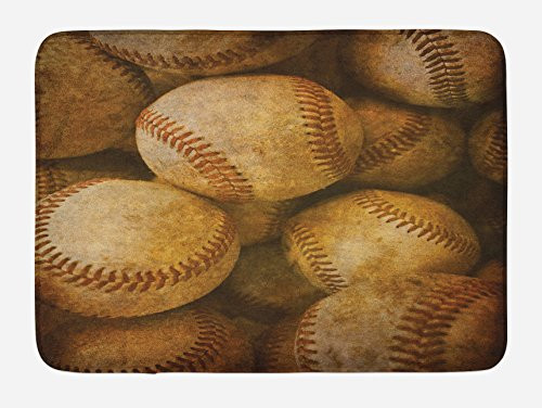 Lunarable Vintage Bath Mat by, Vintage Baseball Background American Sports Theme Nostalgic Leather Retro Balls Artwork, Plush Bathroom Decor Mat with Non Slip Backing, 29.5 W X 17.5 W Inches, Brown