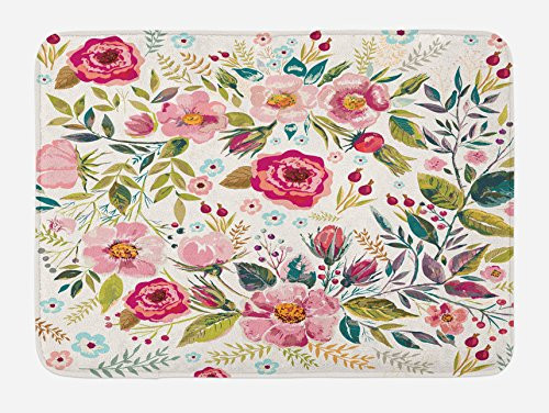 Lunarable Floral Bath Mat, Shabby Chic Flowers Roses Petals Dots Leaves Buds Spring Season Theme Image Artwork, Plush Bathroom Decor Mat with Non Slip Backing, 29.5 W X 17.5 W Inches, Multicolor