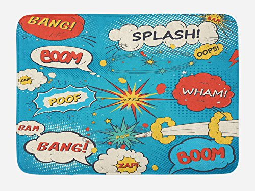 Lunarable Superhero Bath Mat by, Pop Art Style Comic Speech Bubbles Funny Humor Expressions Boom Splash Bang, Plush Bathroom Decor Mat with Non Slip Backing, 29.5 W X 17.5 W Inches, Blue Cream Red