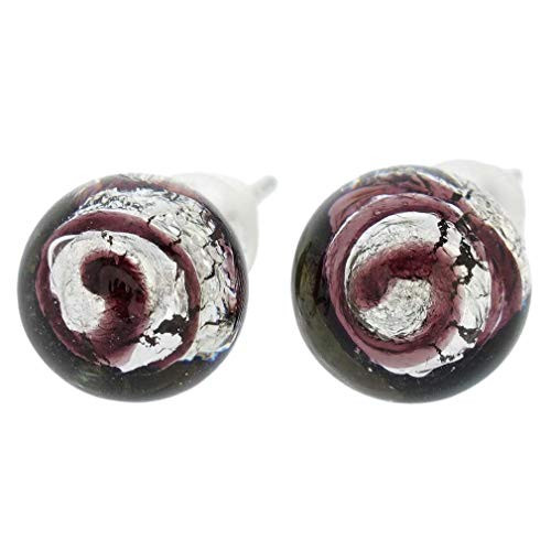 GlassOfVenice Murano Glass Ball Stud Earrings   Purple Swirl