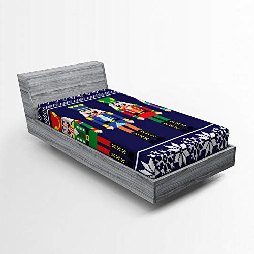 Lunarable Nutcracker Fitted Sheet  Colorful Retro Style Pattern with Xmas and Scandinavian Motifs  Soft Decorative Fabric Bedding All Round Elastic Pocket  Twin Size  Dark Blue