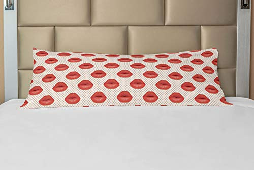 Lunarable Paint Body Pillow Case Cover with Zipper  Woman Lips with Polka Dotted Background Romantic Kissing Pattern  Decorative Accent Long Pillowcase  21  x 54   Vermilion Brown
