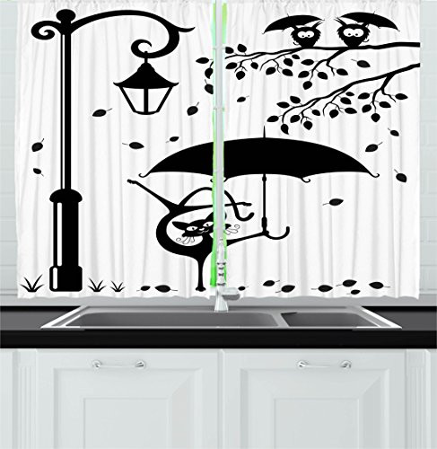 Ambesonne Cat Decor Kitchen Curtains, Funny Kitty with Umbrella Dancing under Street Lantern in Town Urban Humor Print, Window Drapes 2 Panels Set for Kitchen Cafe, 55 W X 39 L Inches, Black White