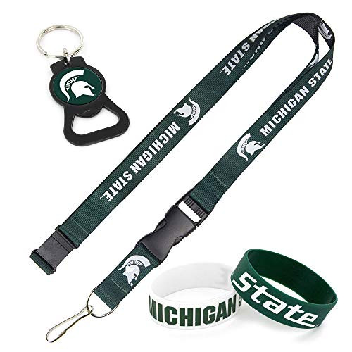 aminco NCAA Michigan State Spartans Team Lanyard  Black Bottle Opener Keyring and Rubber Wristbands Gift Bundle