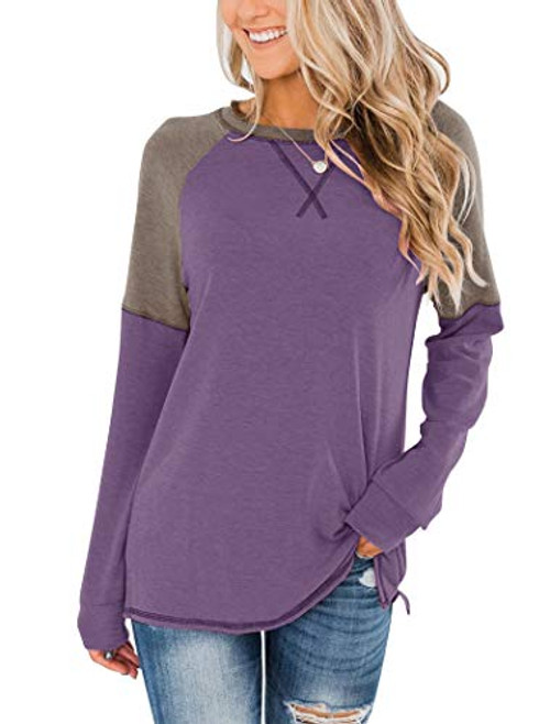 Bingerlily Women s Casual Long Sleeve Tunic Tops Crew Neck Color Block Blouses Purple